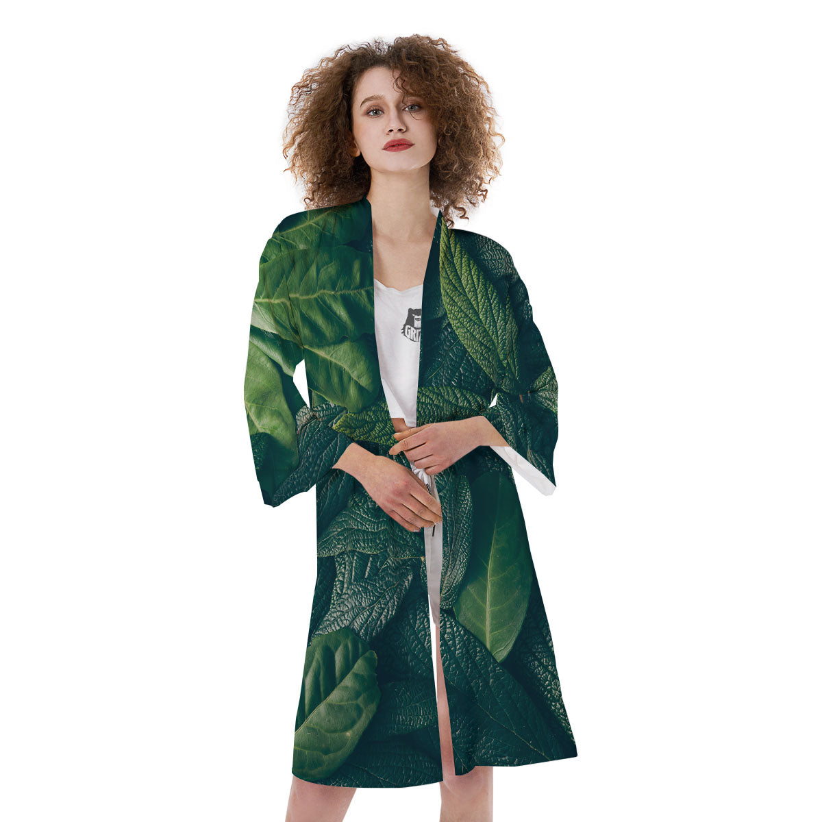 Green Leaves Print Kimono-grizzshop