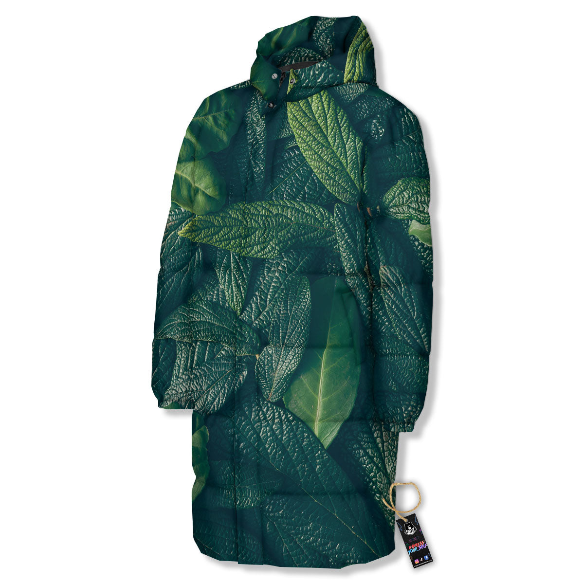 Green Leaves Print Long Down Jacket-grizzshop