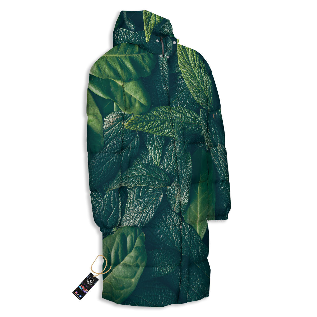Green Leaves Print Long Down Jacket-grizzshop
