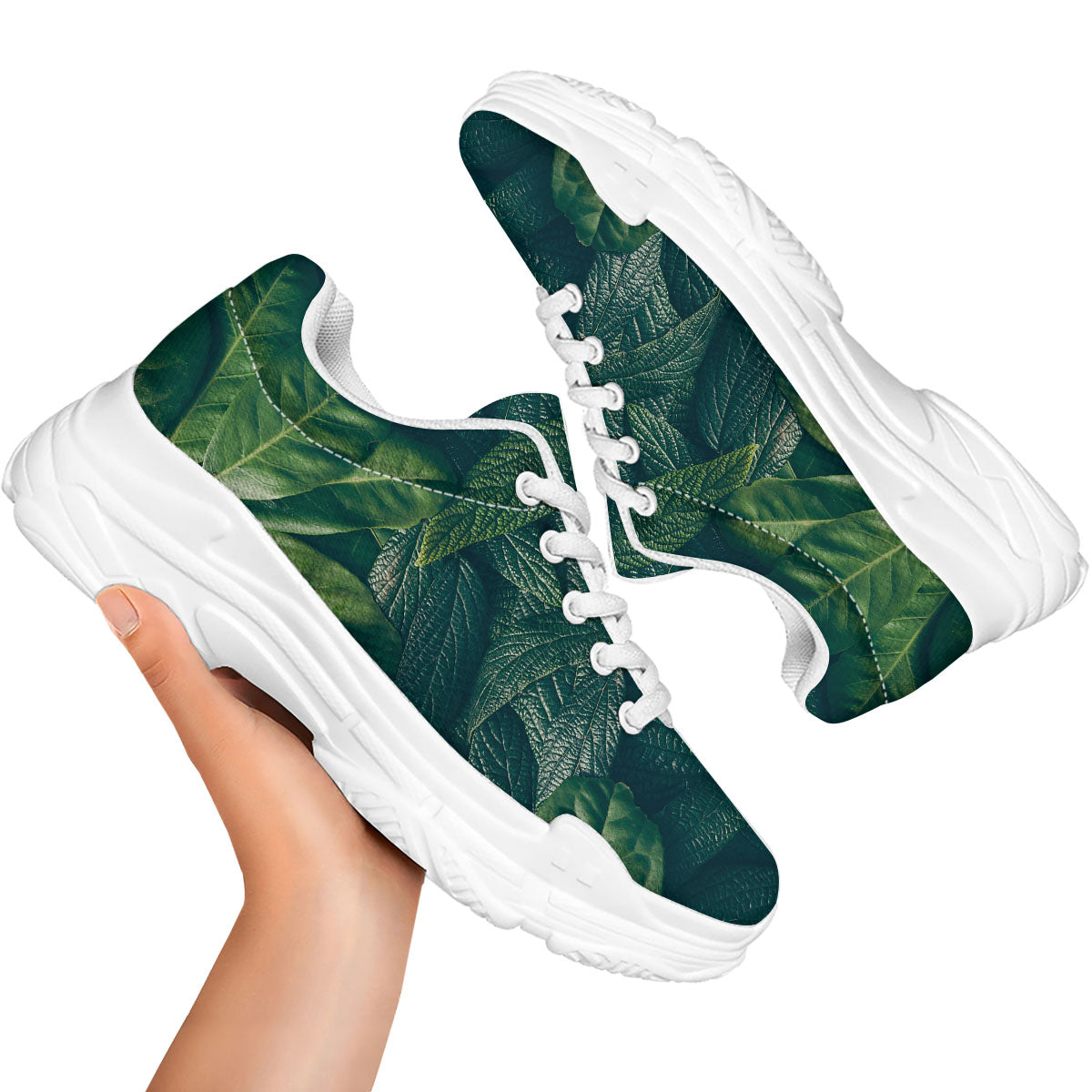Green Leaves Print White Chunky Shoes-grizzshop