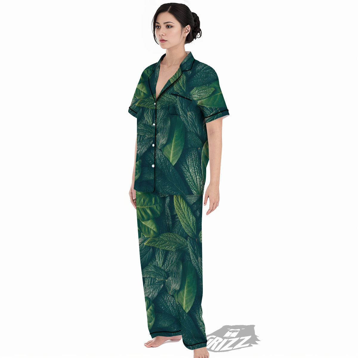 Green Leaves Print Women's Pajamas Set-grizzshop