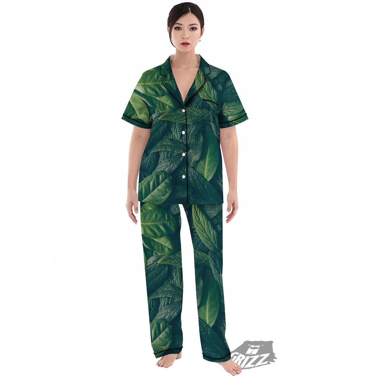 Green Leaves Print Women's Pajamas Set-grizzshop