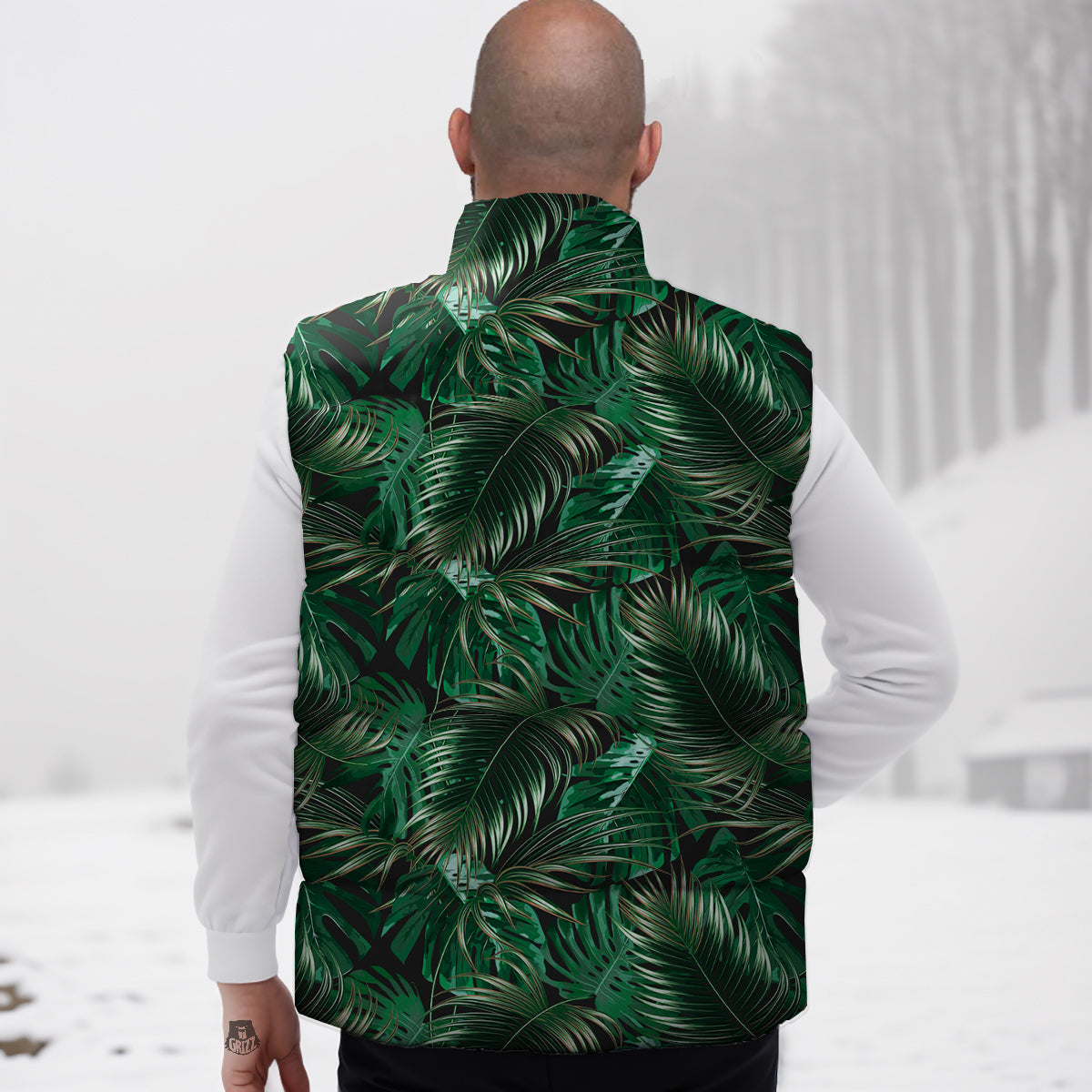 Green Leaves Tropical Print Pattern Down Vest-grizzshop