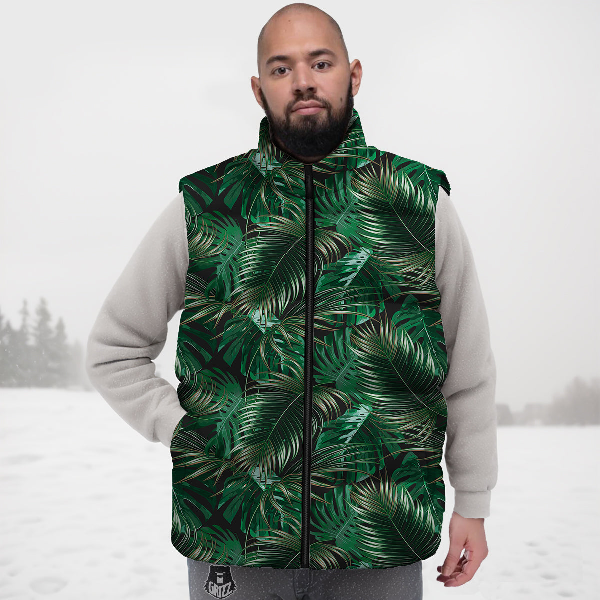 Green Leaves Tropical Print Pattern Down Vest-grizzshop