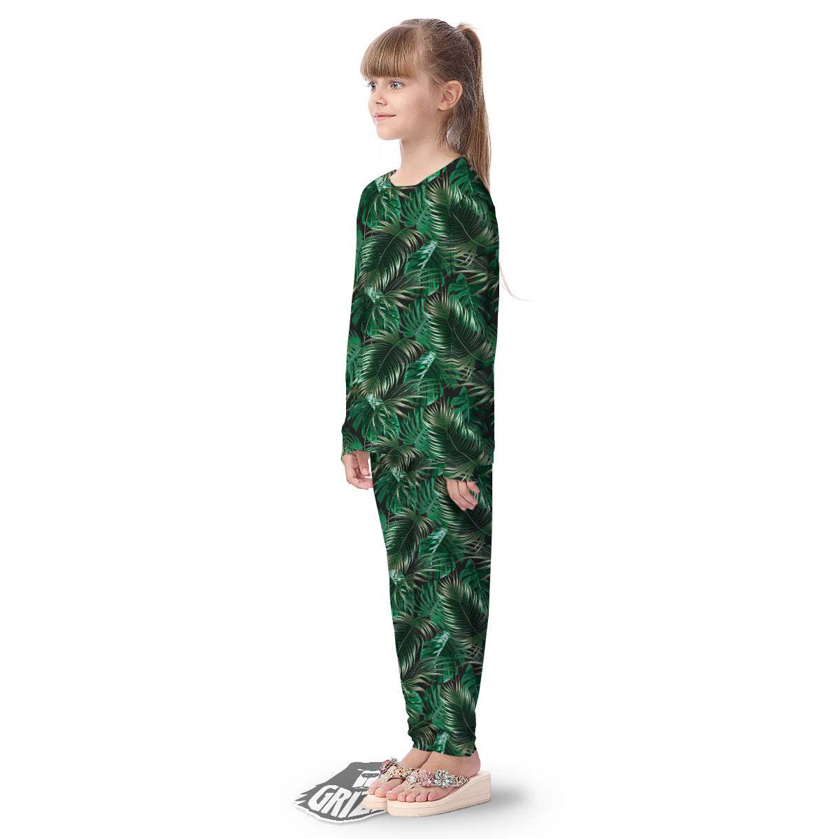 Green Leaves Tropical Print Pattern Kid's Pajamas-grizzshop