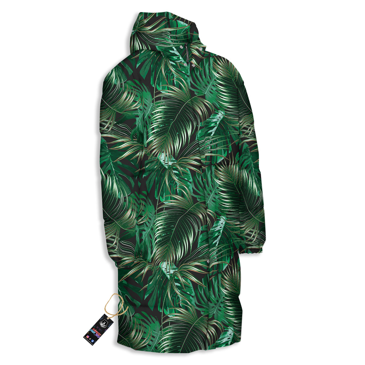 Green Leaves Tropical Print Pattern Long Down Jacket-grizzshop