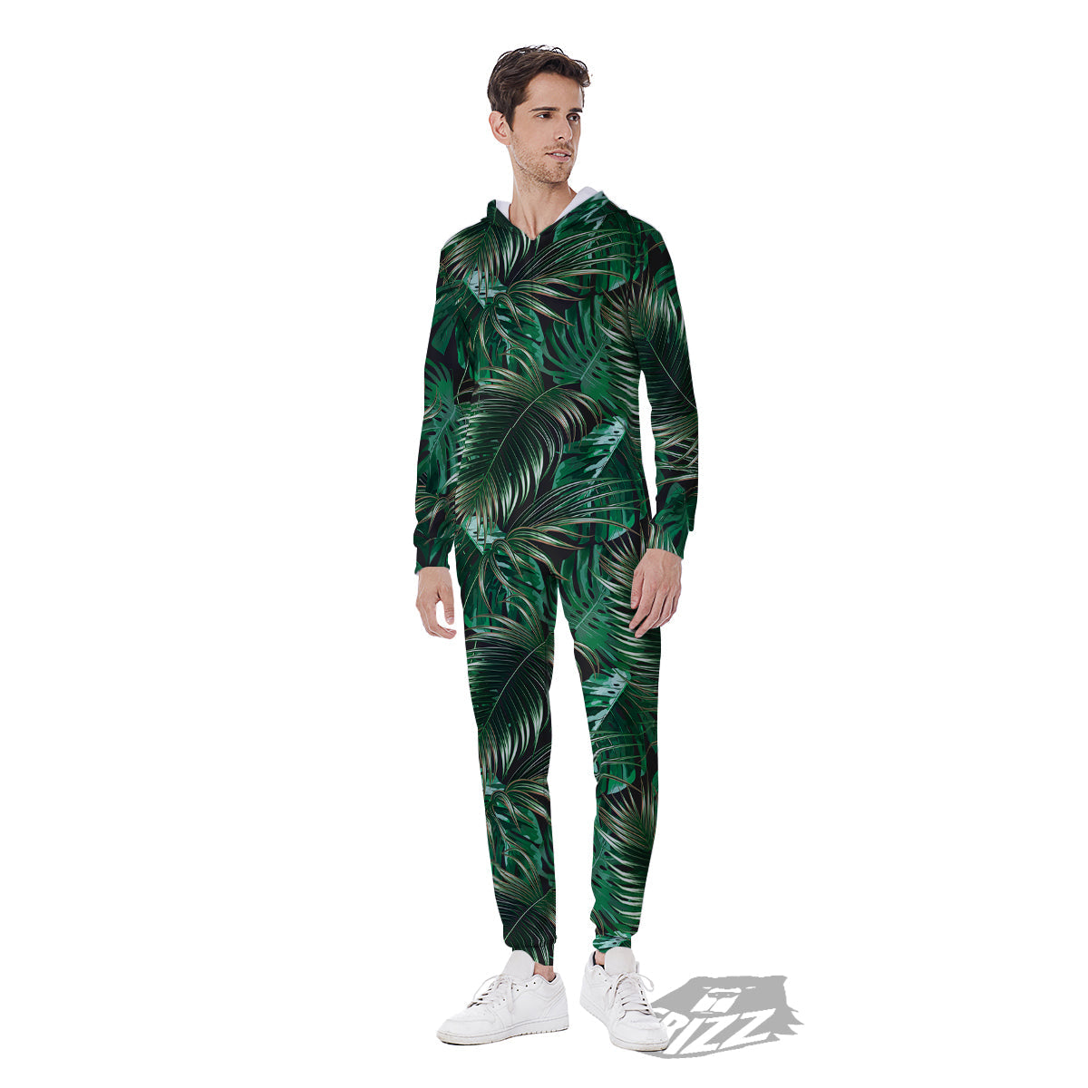Green Leaves Tropical Print Pattern Men's Jumpsuit-grizzshop