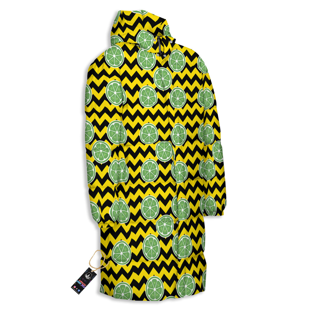 Green Lime And Yellow Zigzag Print Pattern Long Down Jacket-grizzshop