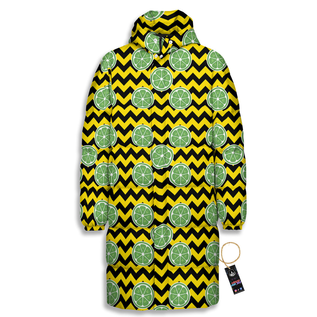 Green Lime And Yellow Zigzag Print Pattern Long Down Jacket-grizzshop