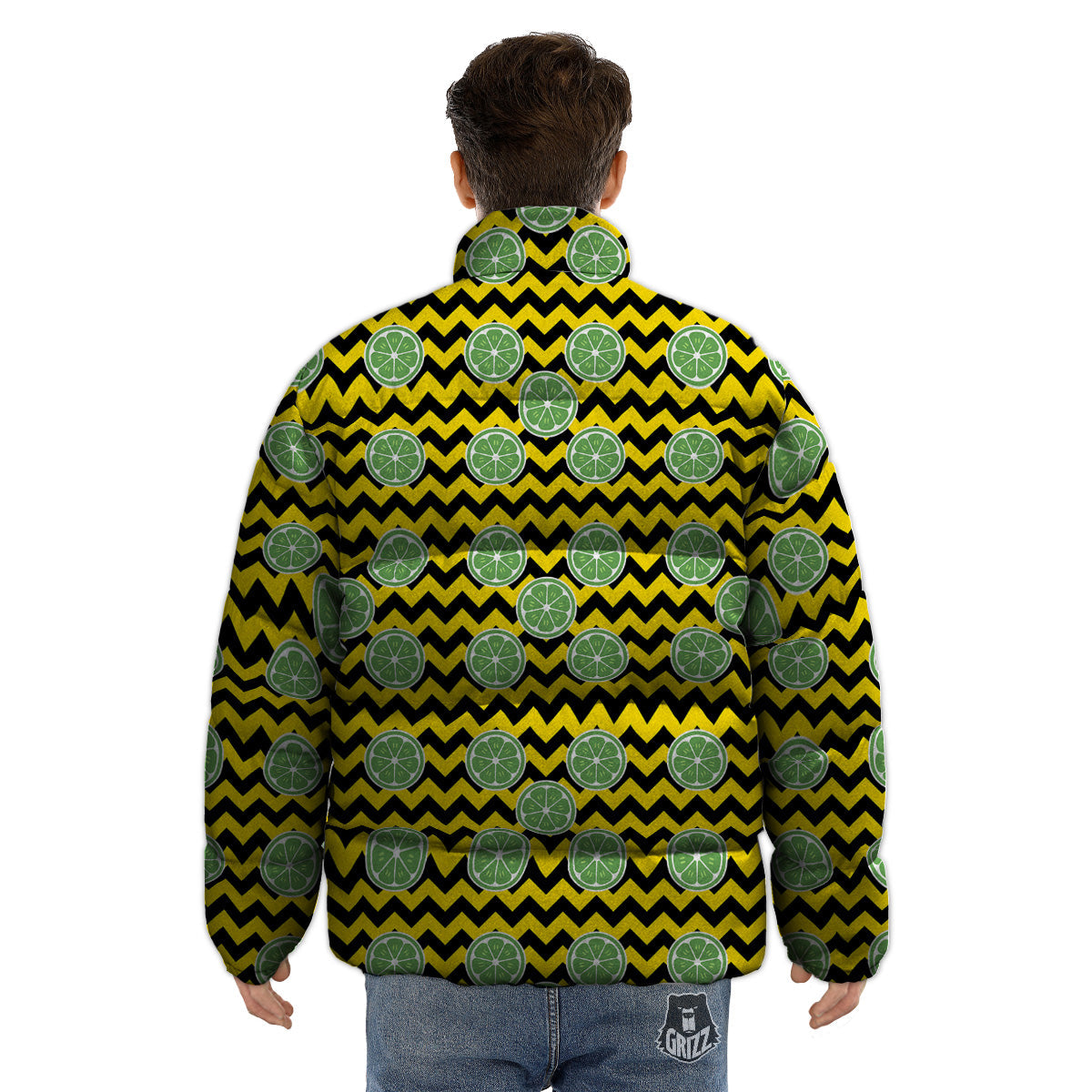 Green Lime And Yellow Zigzag Print Pattern Puffer Jacket-grizzshop