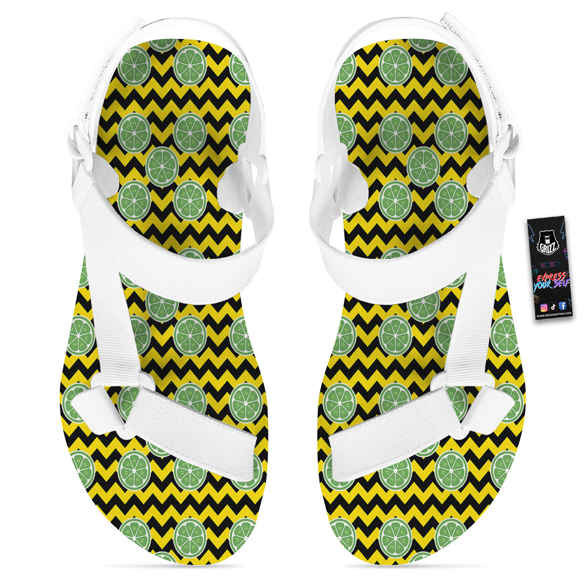 Green Lime And Yellow Zigzag Print Pattern White Open Toe Sandals-grizzshop
