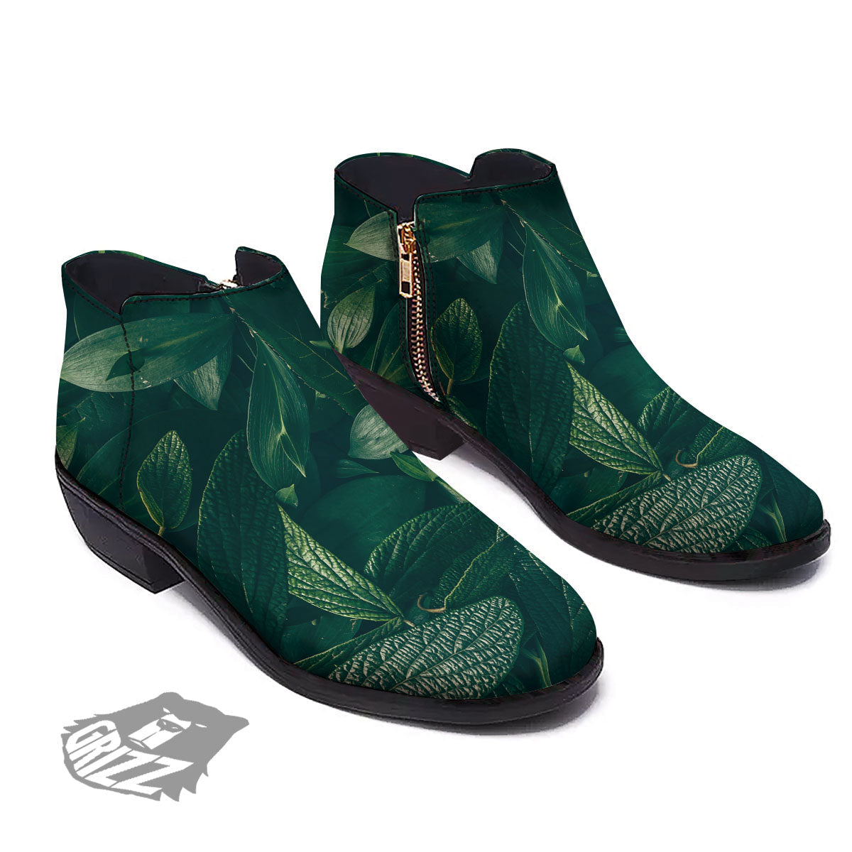 Green Natural Leaf Print Ankle Boots-grizzshop