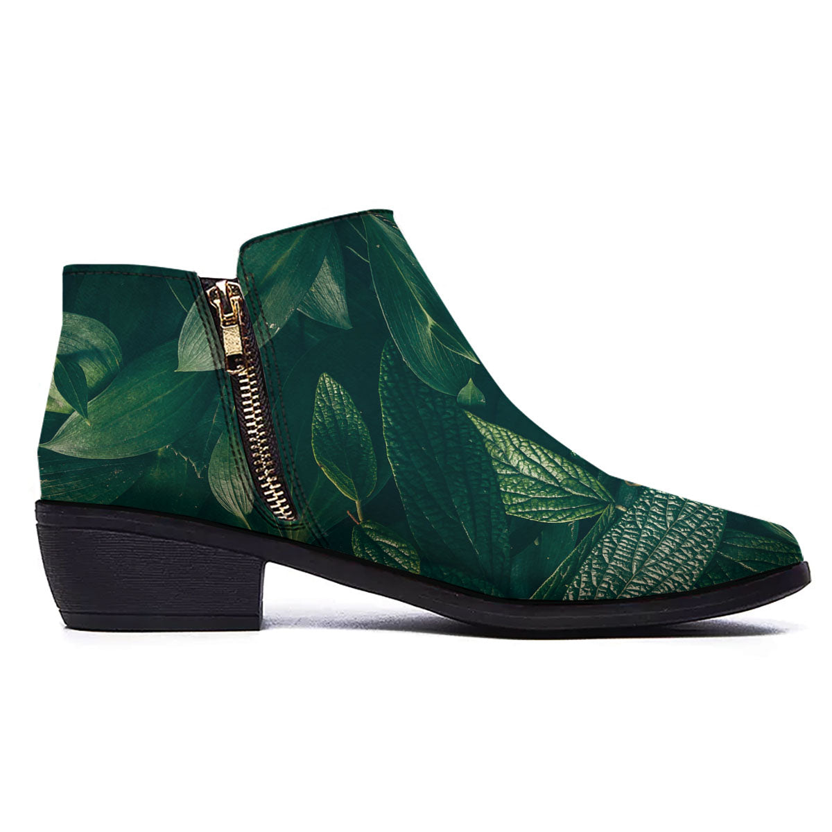 Green Natural Leaf Print Ankle Boots-grizzshop