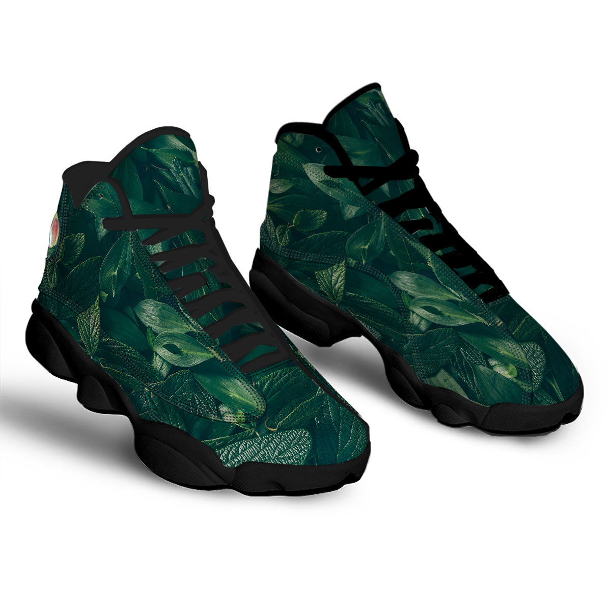 Green Natural Leaf Print Black Basketball Shoes-grizzshop