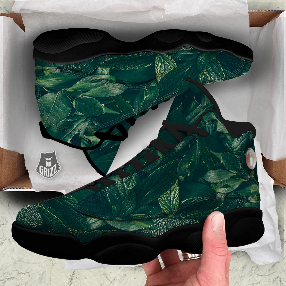 Green Natural Leaf Print Black Basketball Shoes-grizzshop