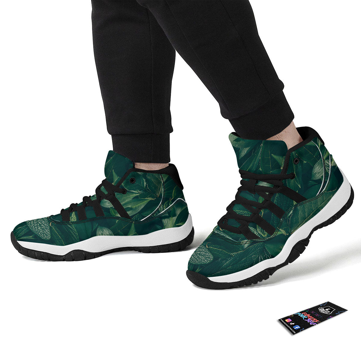 Green Natural Leaf Print Black Bball Shoes-grizzshop