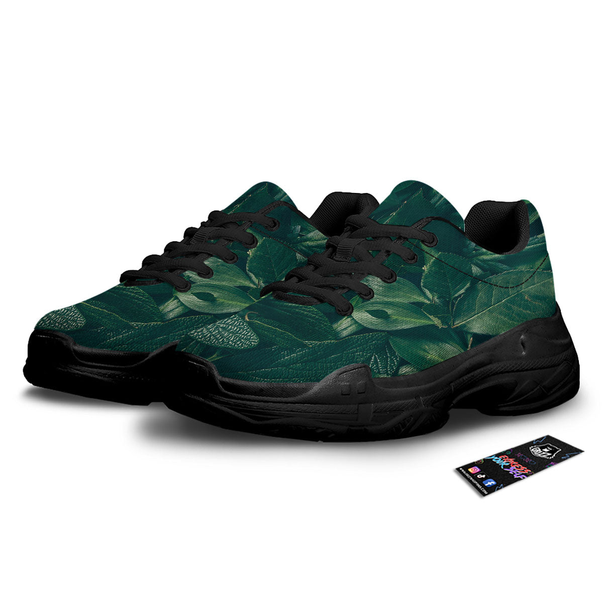 Green Natural Leaf Print Black Chunky Shoes-grizzshop