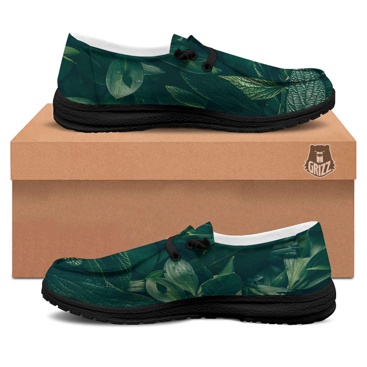 Green Natural Leaf Print Black Loafers-grizzshop