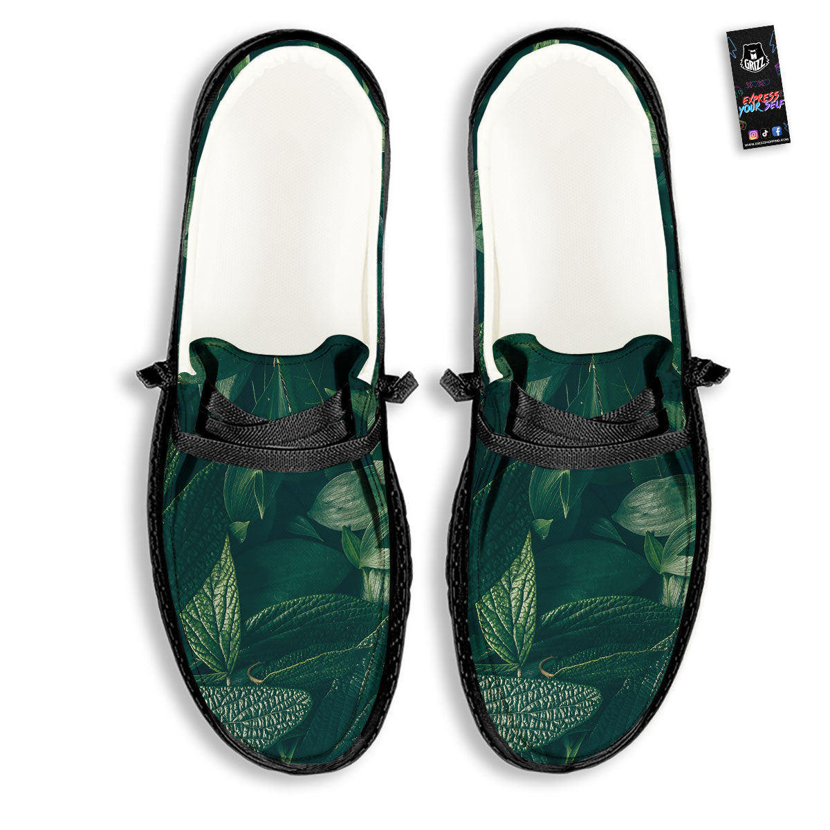 Green Natural Leaf Print Black Loafers-grizzshop