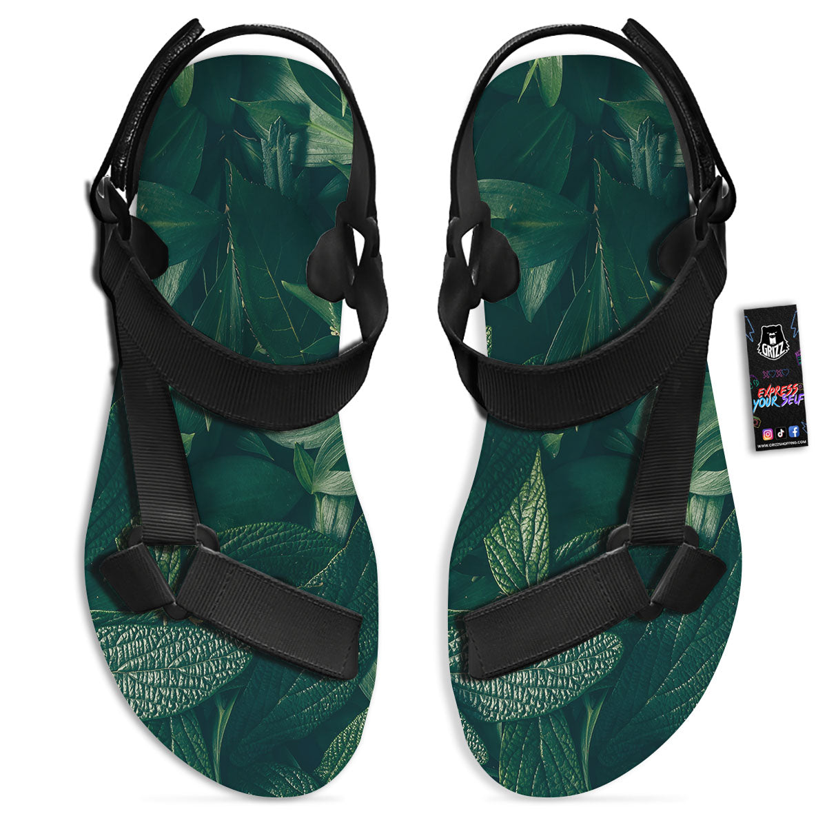 Green Natural Leaf Print Black Open Toe Sandals-grizzshop