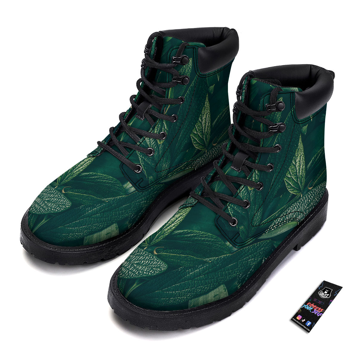 Green Natural Leaf Print Boots-grizzshop