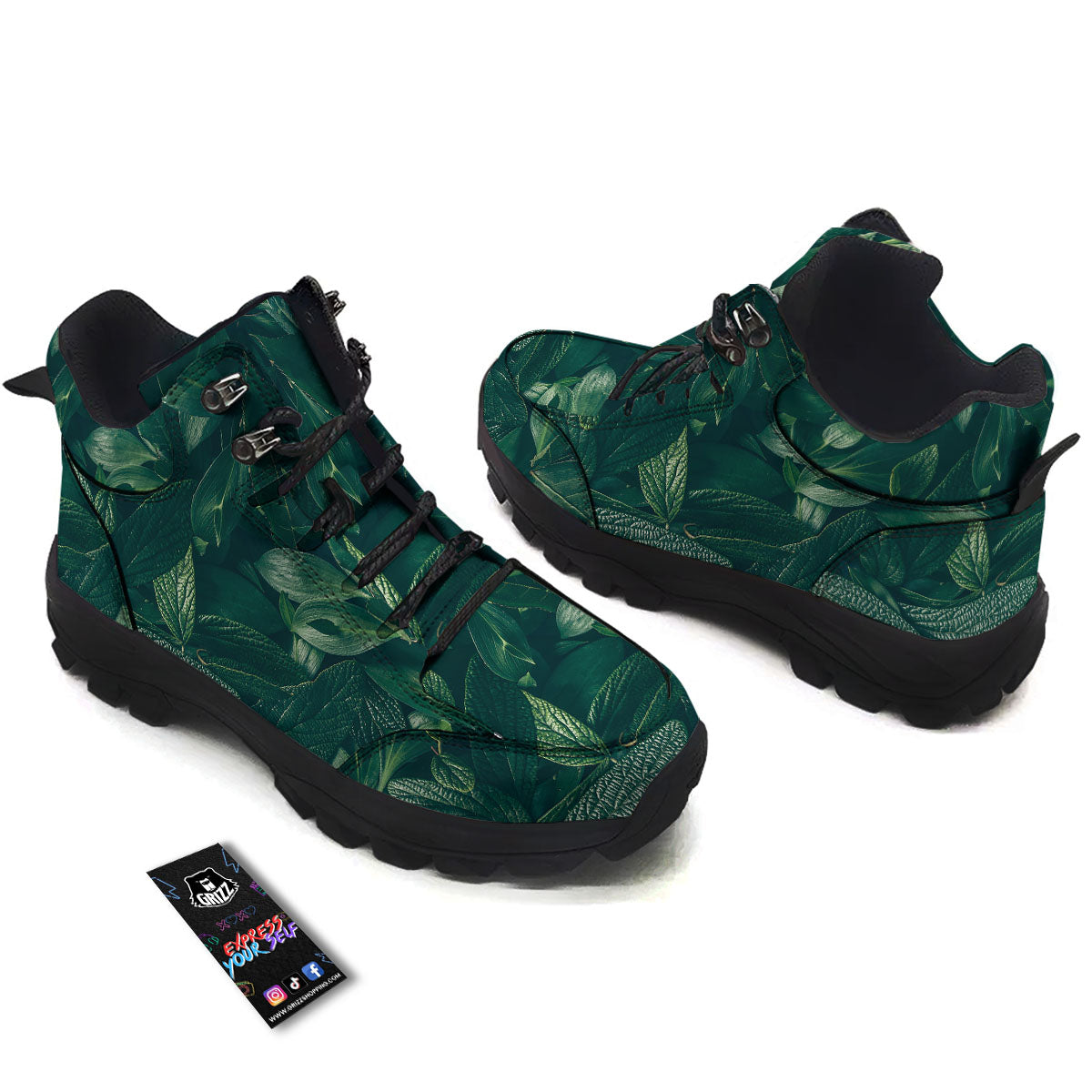 Green Natural Leaf Print Hiking Shoes-grizzshop