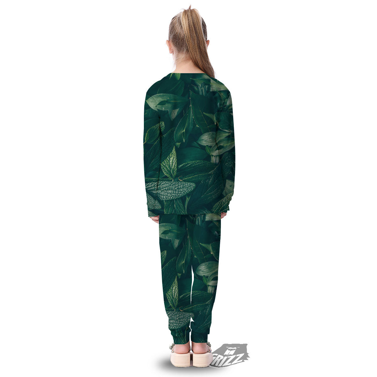 Green Natural Leaf Print Kid's Pajamas-grizzshop