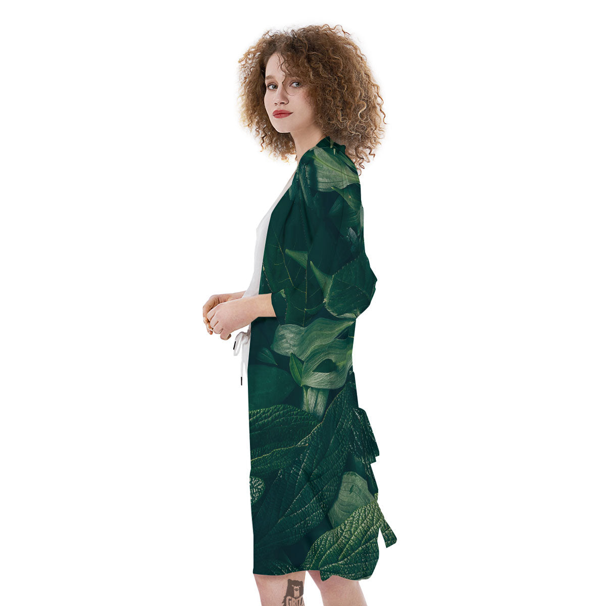 Green Natural Leaf Print Kimono-grizzshop