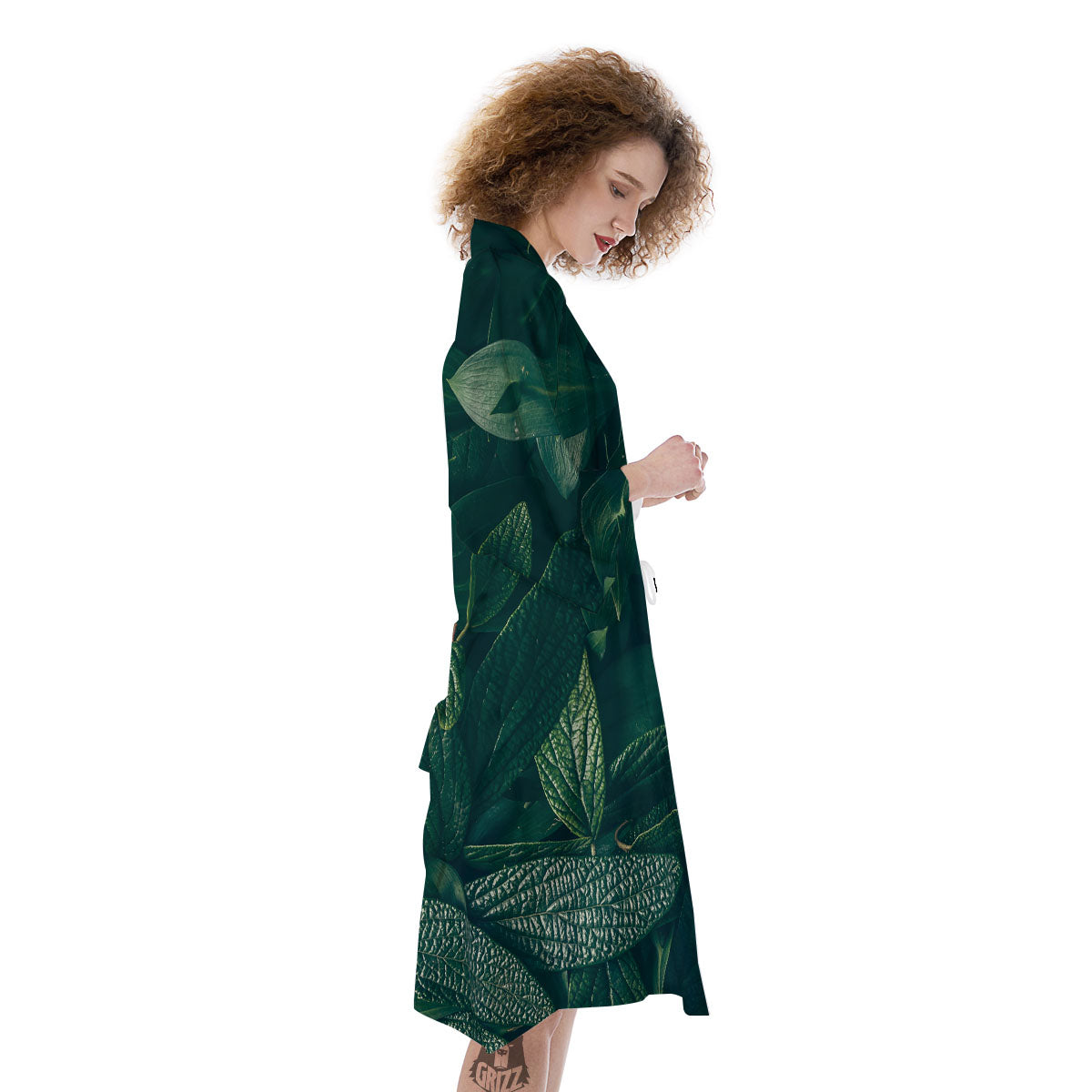 Green Natural Leaf Print Kimono-grizzshop