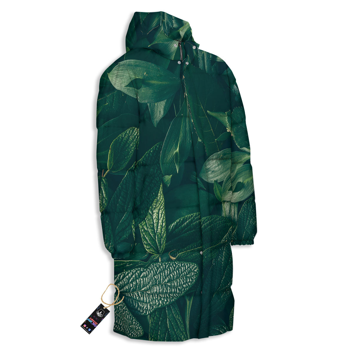 Green Natural Leaf Print Long Down Jacket-grizzshop