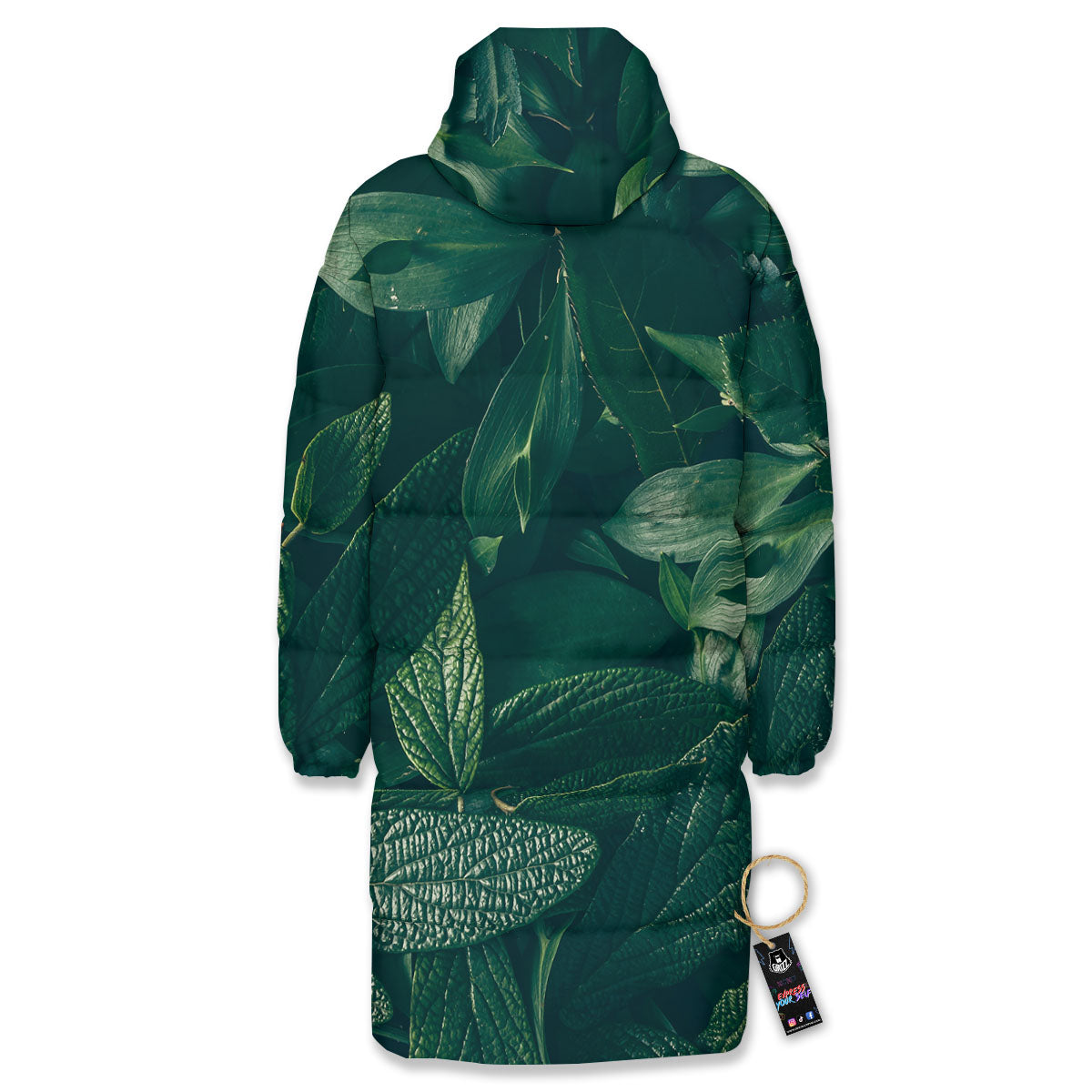 Green Natural Leaf Print Long Down Jacket-grizzshop