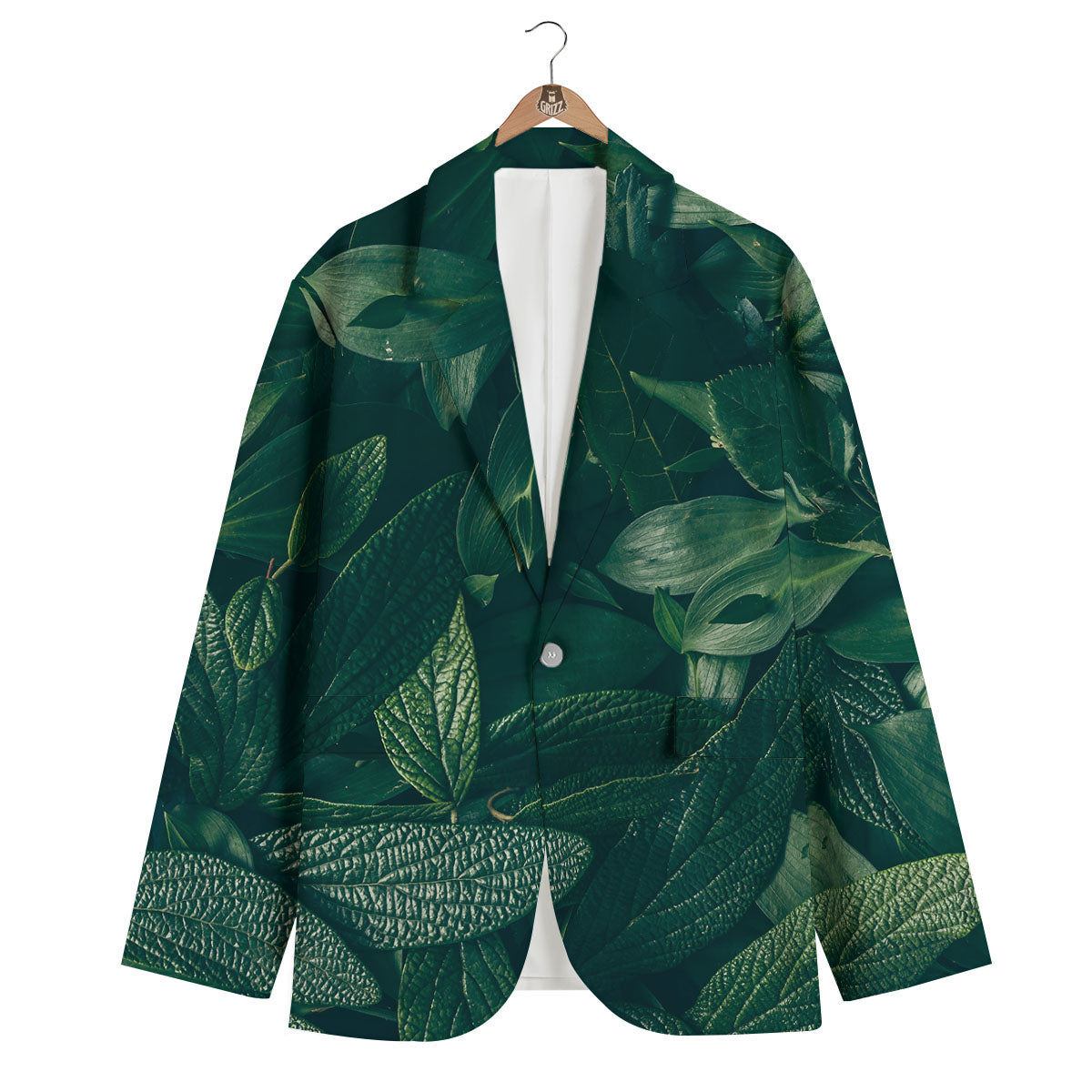 Green Natural Leaf Print Men's Blazer-grizzshop