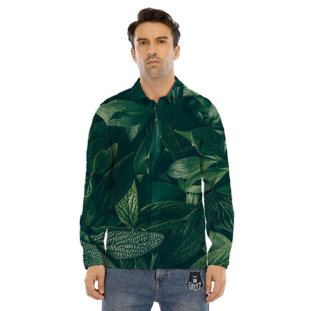 Green Natural Leaf Print Men's Dress Shirts-grizzshop