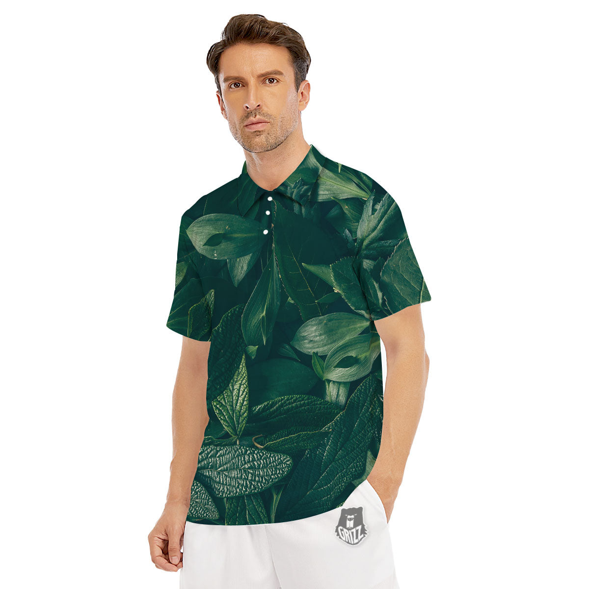 Green Natural Leaf Print Men's Golf Shirts-grizzshop