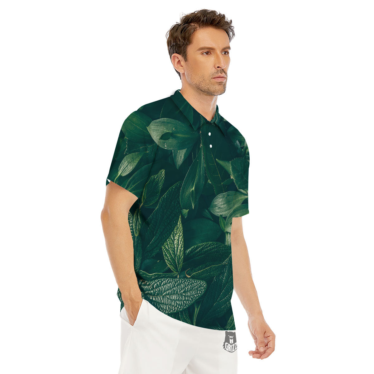 Green Natural Leaf Print Men's Golf Shirts-grizzshop