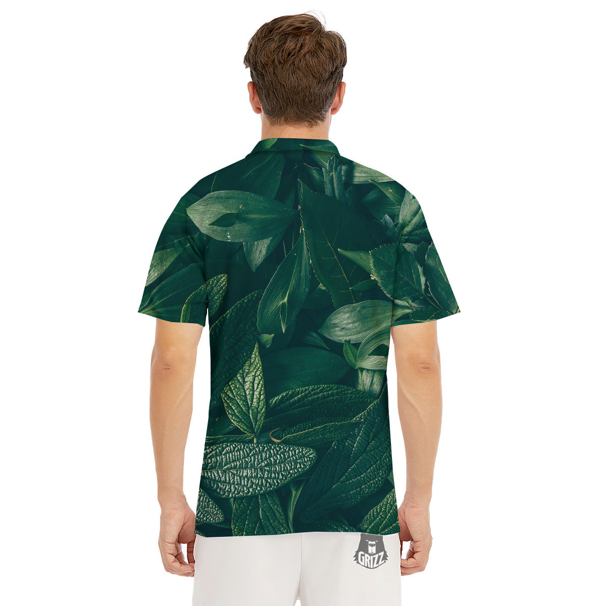 Green Natural Leaf Print Men's Golf Shirts-grizzshop