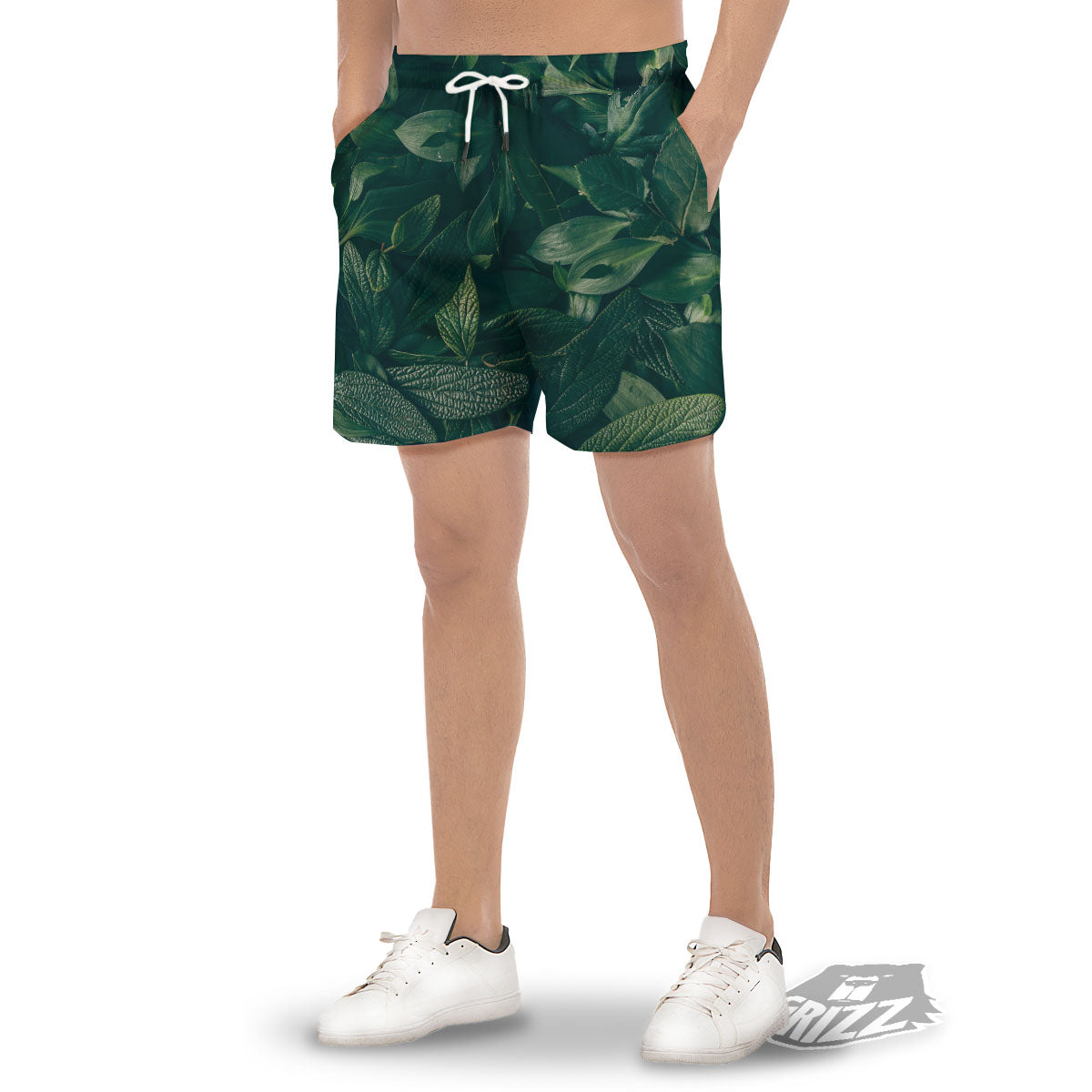 Green Natural Leaf Print Men's Gym Shorts-grizzshop