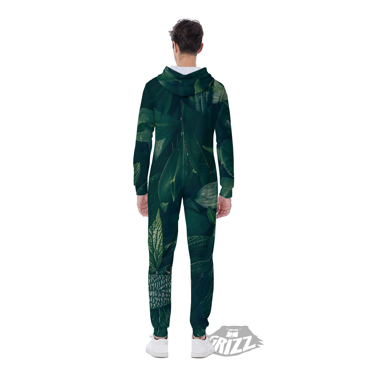 Green Natural Leaf Print Men's Jumpsuit-grizzshop