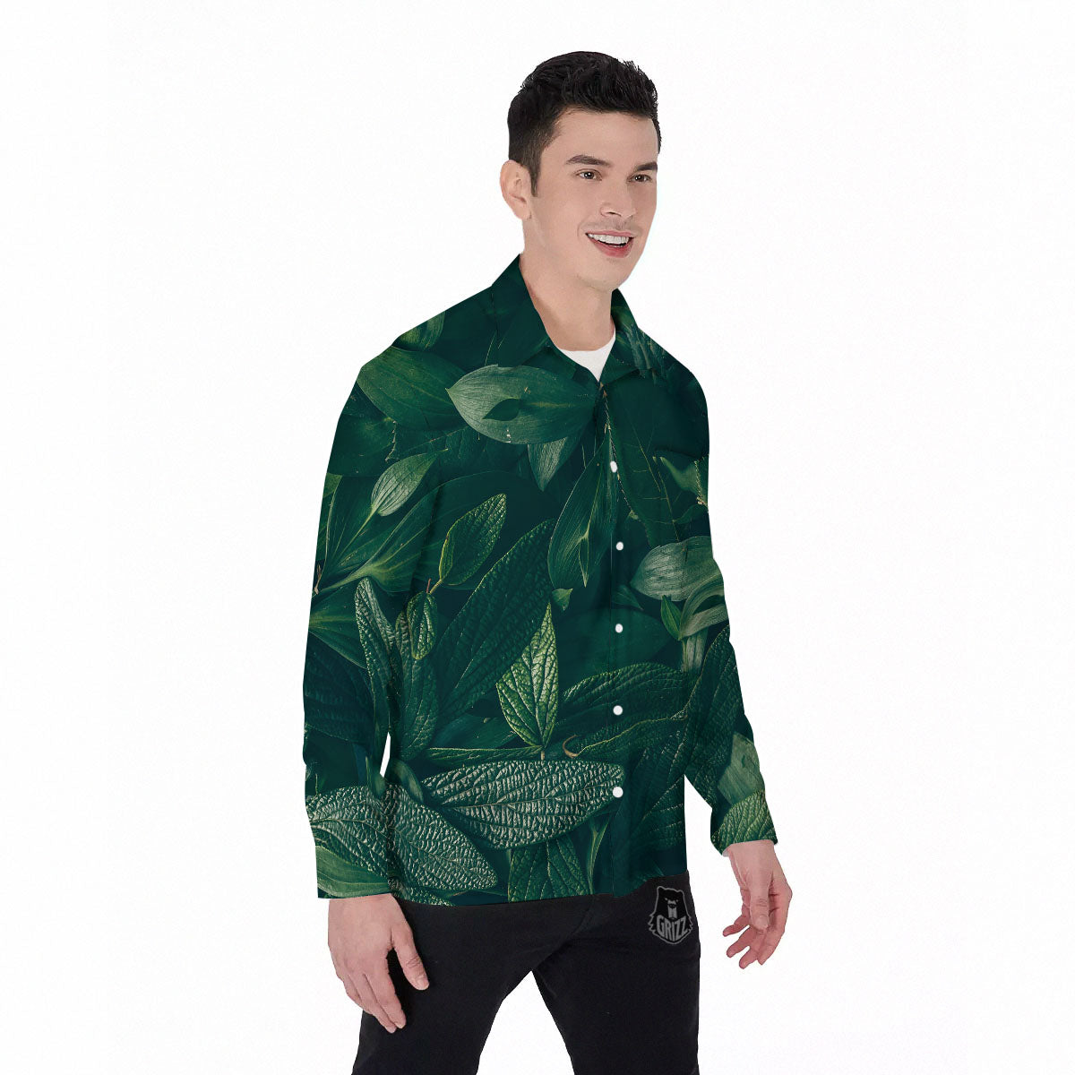 Green Natural Leaf Print Men's Long Sleeve Shirts-grizzshop