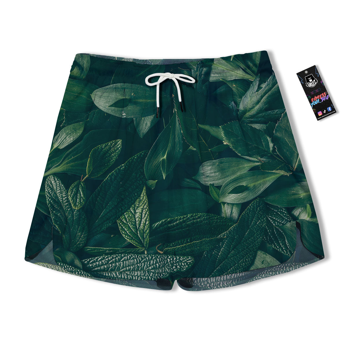 Green Natural Leaf Print Men's Running Shorts-grizzshop