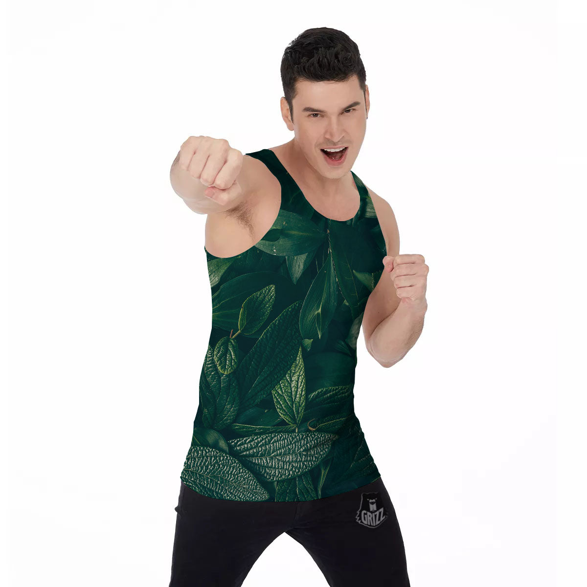 Green Natural Leaf Print Men's Tank Top-grizzshop