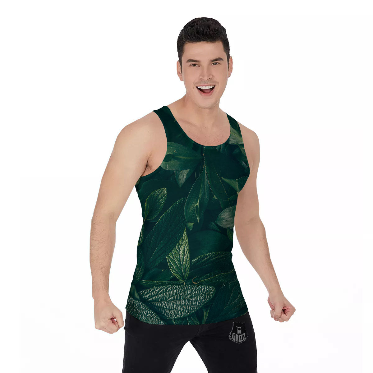 Green Natural Leaf Print Men's Tank Top-grizzshop
