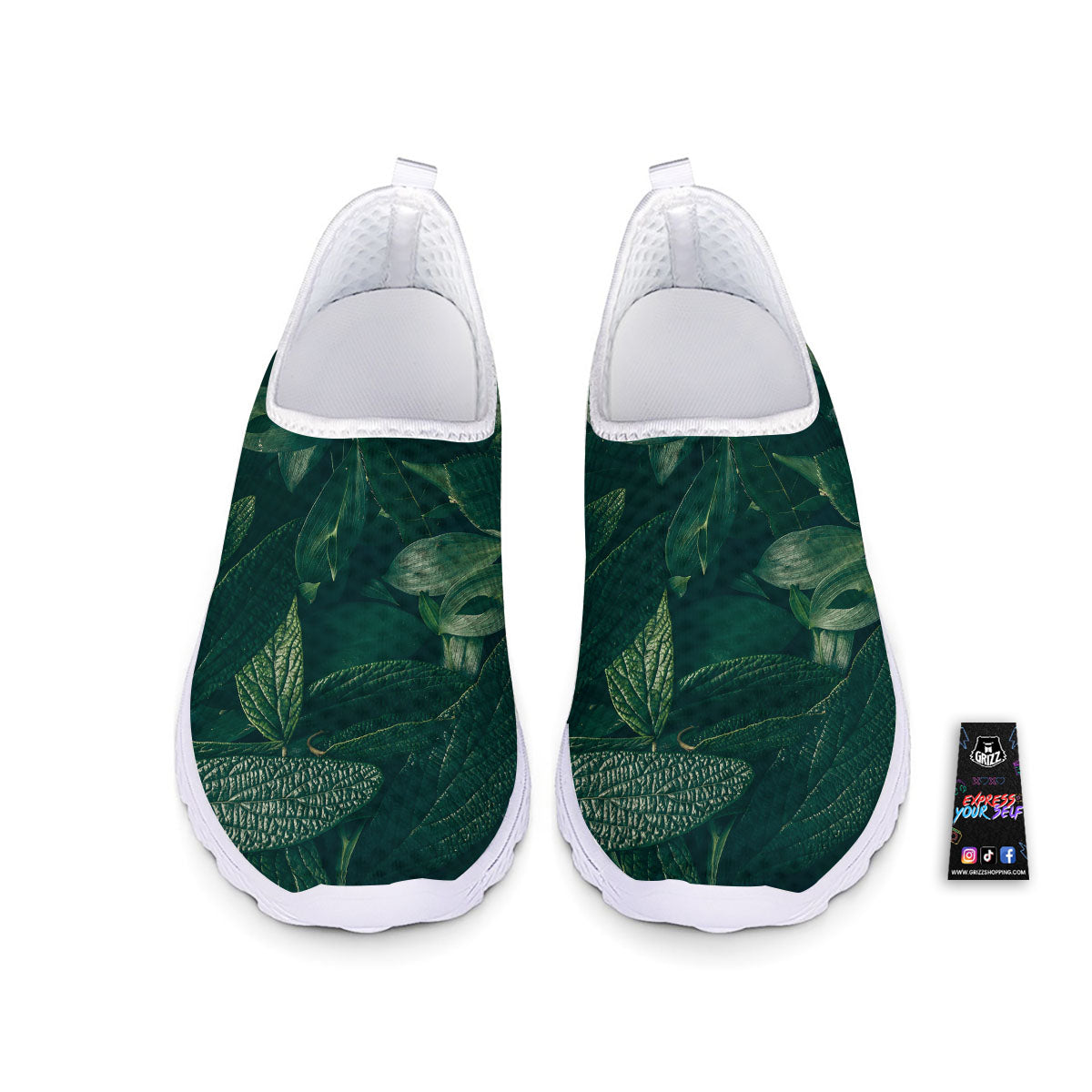 Green Natural Leaf Print Nurse Shoes-grizzshop