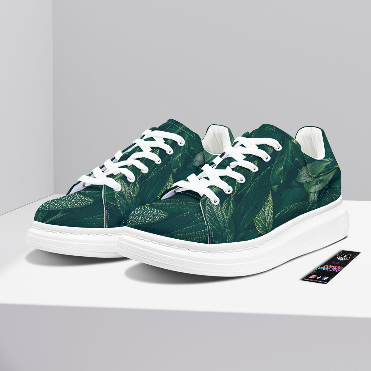 Green Natural Leaf Print Platform Shoes-grizzshop