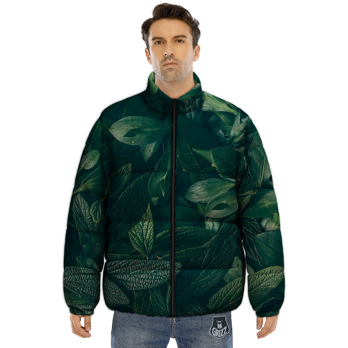Green Natural Leaf Print Puffer Jacket-grizzshop
