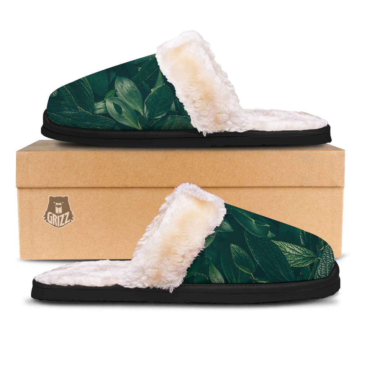 Green Natural Leaf Print Slippers-grizzshop