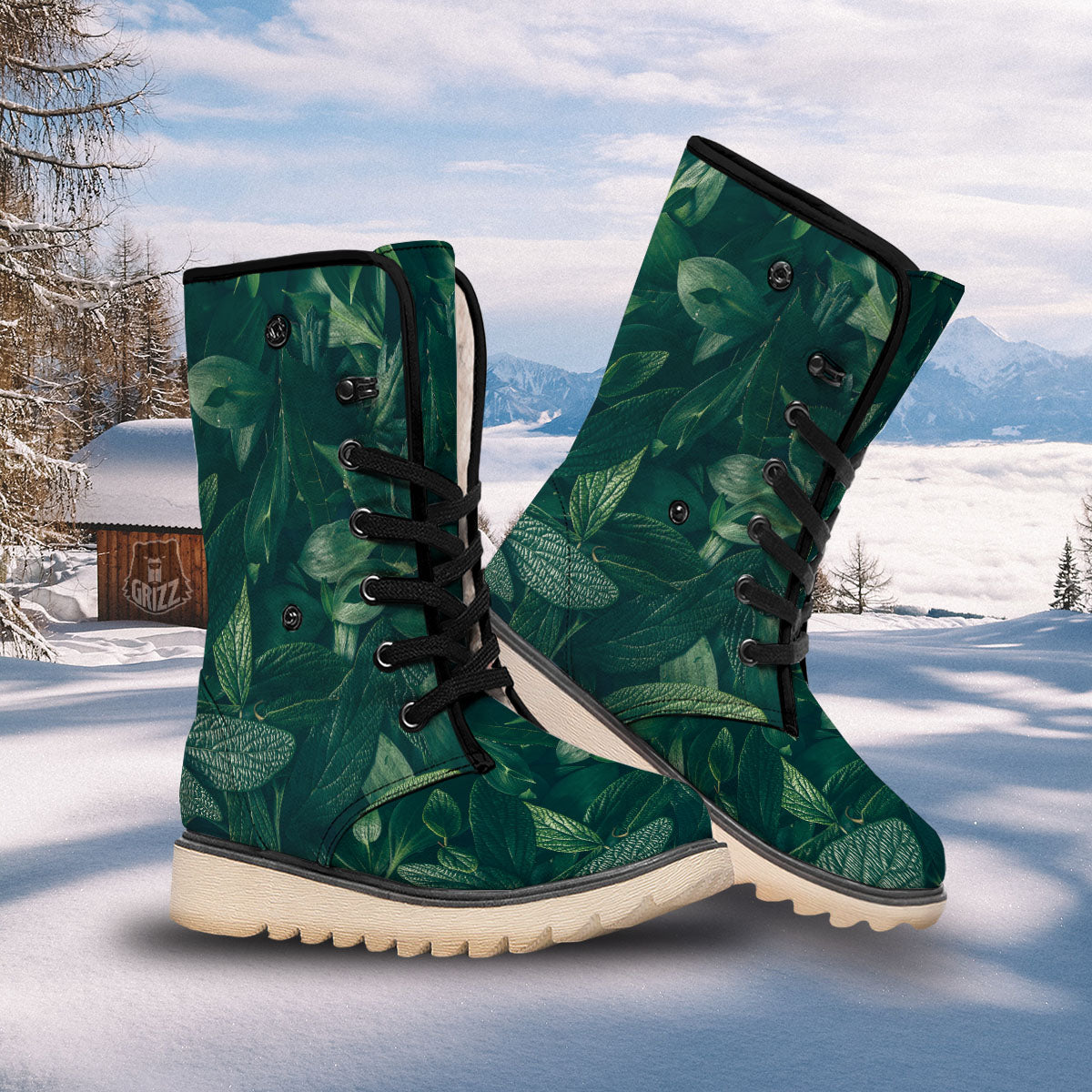 Green Natural Leaf Print Snow Boots-grizzshop