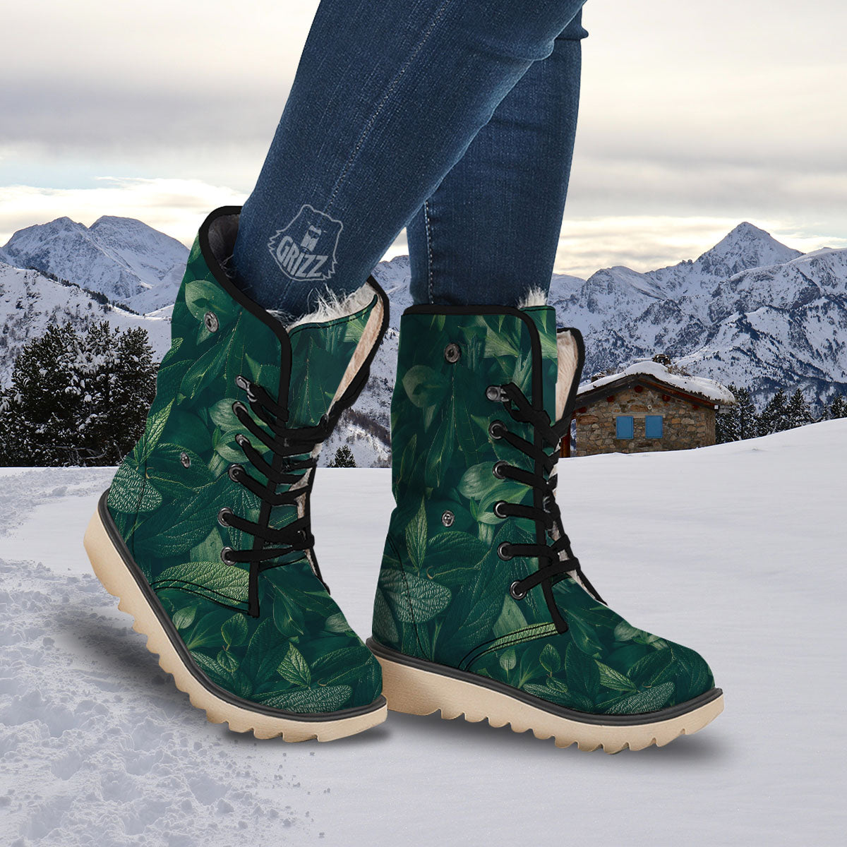 Green Natural Leaf Print Snow Boots-grizzshop