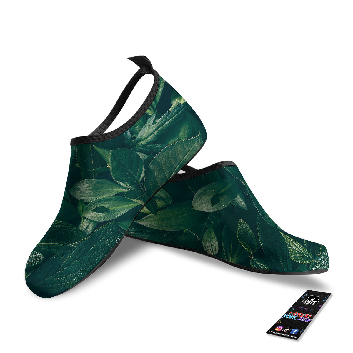 Green Natural Leaf Print Water Shoes-grizzshop