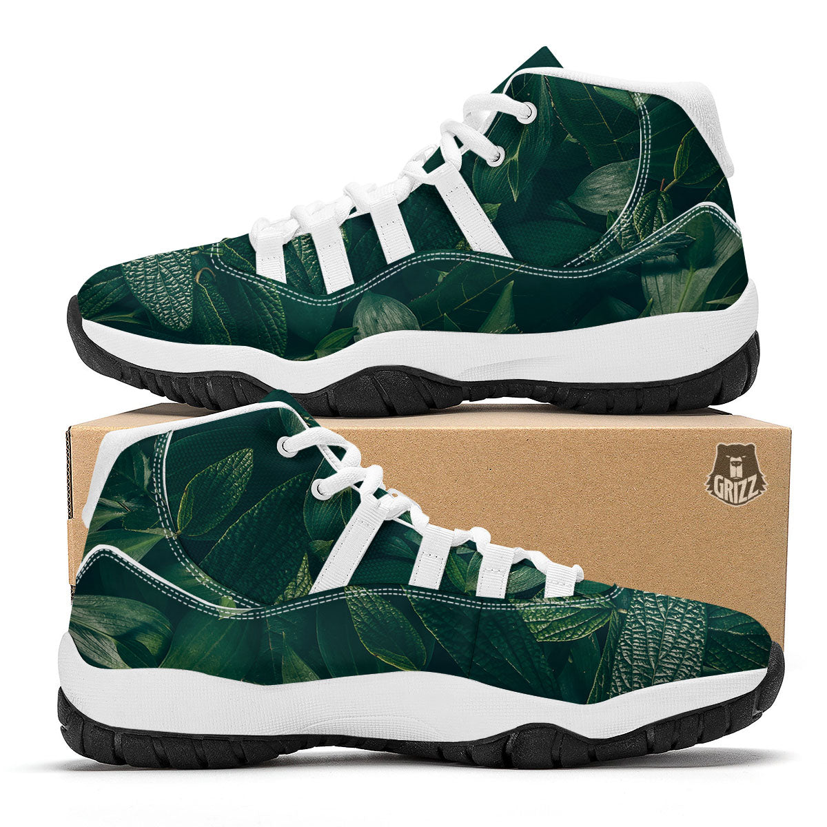 Green Natural Leaf Print White Bball Shoes-grizzshop